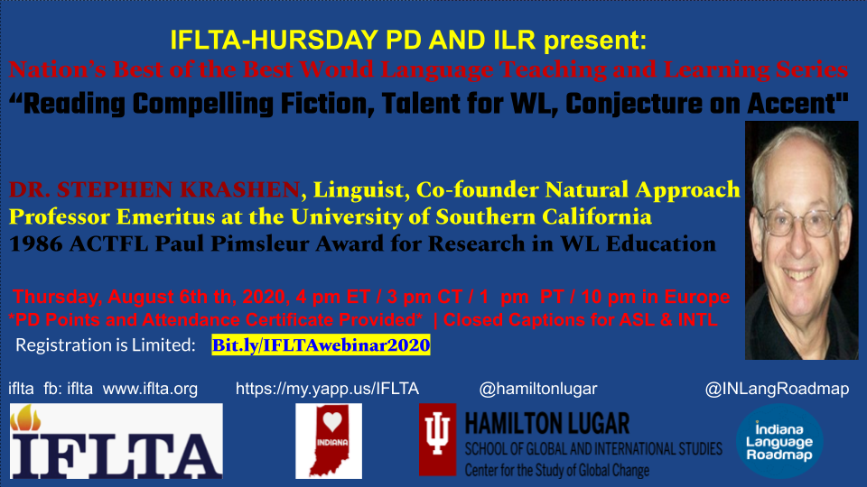 ONE MORE! DON'T MISS IT! <a href="/IFLTA/">IFLTA</a> <a href="/INLangRoadmap/">Indiana Language Roadmap</a> <a href="/skrashen/">Stephen Krashen</a> <a href="/hamiltonlugar/">Hamilton Lugar School at Indiana University</a> <a href="/DualLangSchools/">DualLanguageSchools</a> <a href="/AATGOnline/">AATG</a> <a href="/AATFrench/">AATF</a> <a href="/CLASS_K12/">CLASS_K12</a> <a href="/DLELnetwork/">DualLangNetwork</a> @BilingualNation <a href="/BilingualPlanet/">Bilingual Planet</a> <a href="/weteachlang/">We Teach Languages</a> <a href="/AZLAinfo/">AZLA</a> <a href="/flam_mo/">FLAM</a> <a href="/FLAVAWeb/">FLAVA</a> #iflta #actfl #INedchat #langchat 

R/tion: Bit.ly/IFLTAwebinar20…