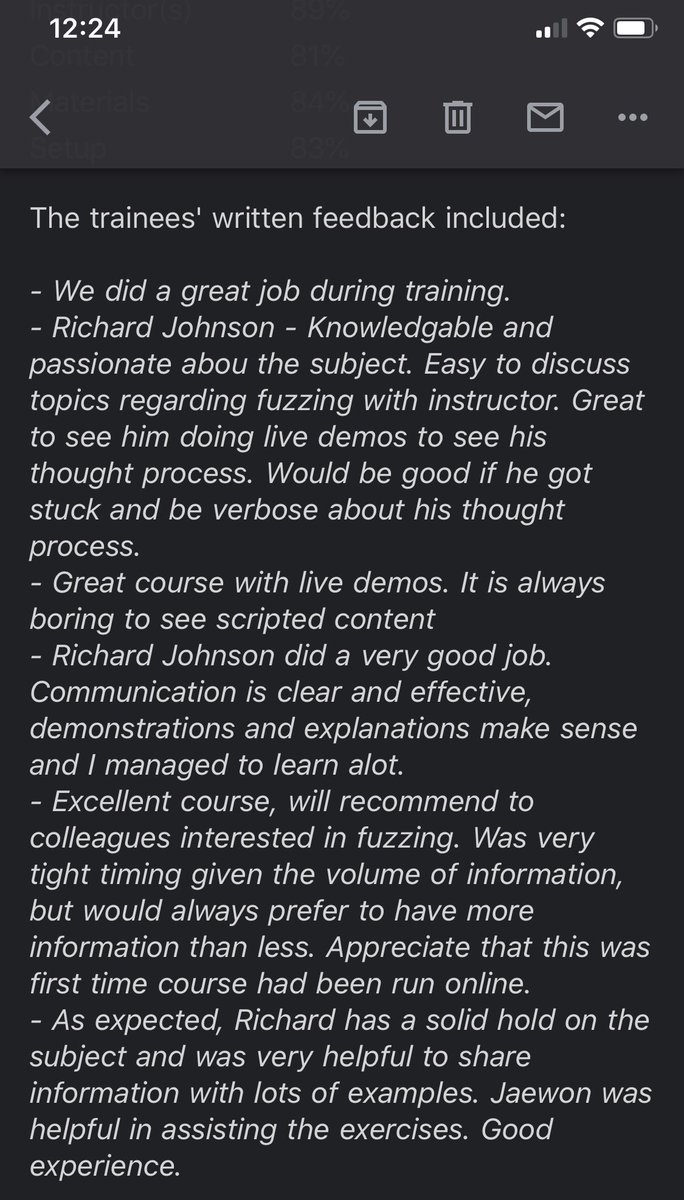 richinseattle's tweet image. Got some great reviews for my online fuzzing training course I delivered at @HITBSecConf two weeks ago. Almost everyone returned the survey and I got 91% overall so all 4 &amp;amp; 5 ratings! Looking forward to the next one in September on EU/US time zones, details coming in a few days.