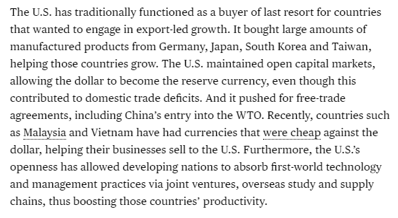 13/U.S. openness was a big part of this. We allowed countries like South Korea, Taiwan, Malaysia, etc. to export goods to us relatively freely, to keep their currencies cheap against the dollar, and to absorb and copy our technology.This helped those countries get rich.