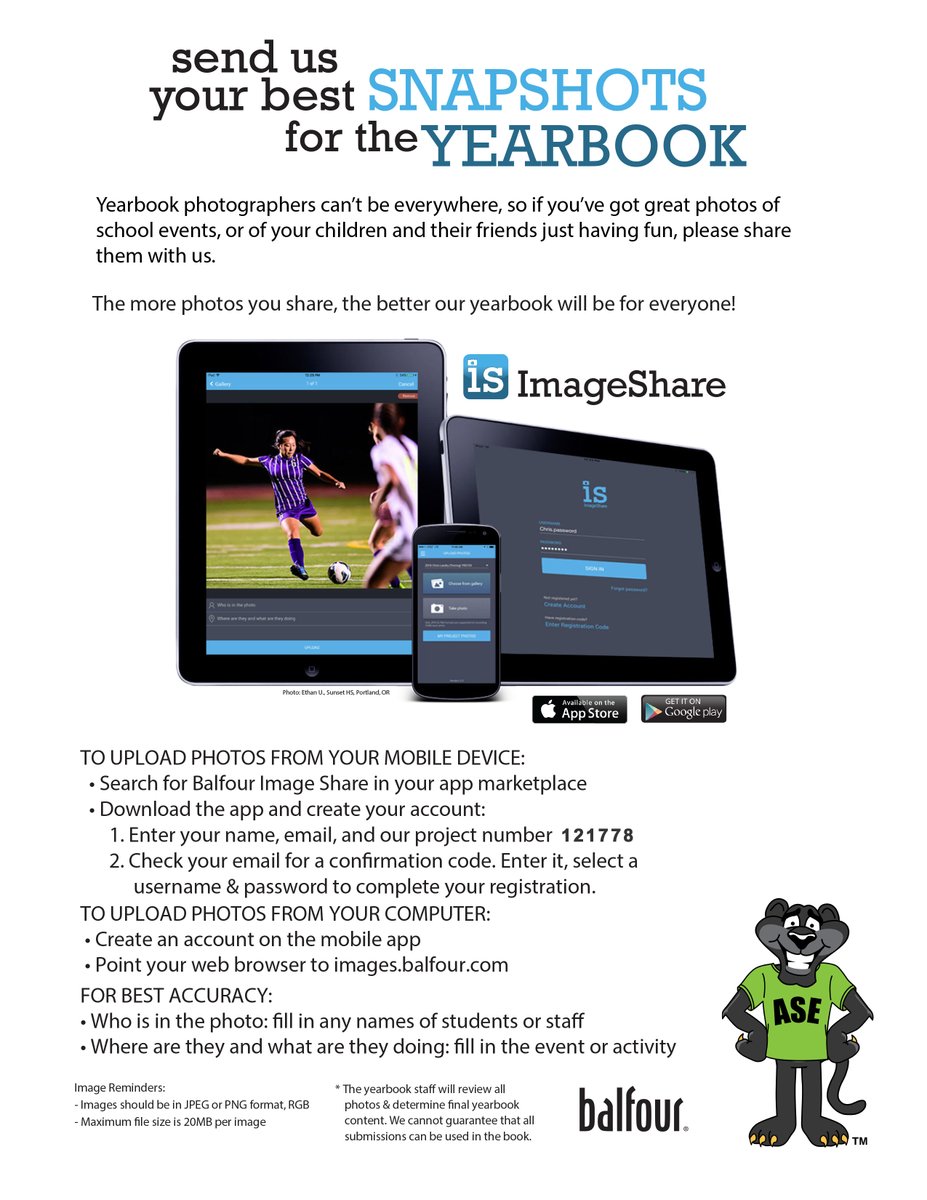 PercyYearbook's tweet photo. Yearbook needs your help!! Please send any photos in through the Image Share app (or website). Yes, even the photos of learning at home!
If you have the app from prior years, make sure to update the project code! Thank you!!!
#yearbook #percyyearbook #asepanthers #imageshare https://t.co/YxTCAd9Rkg