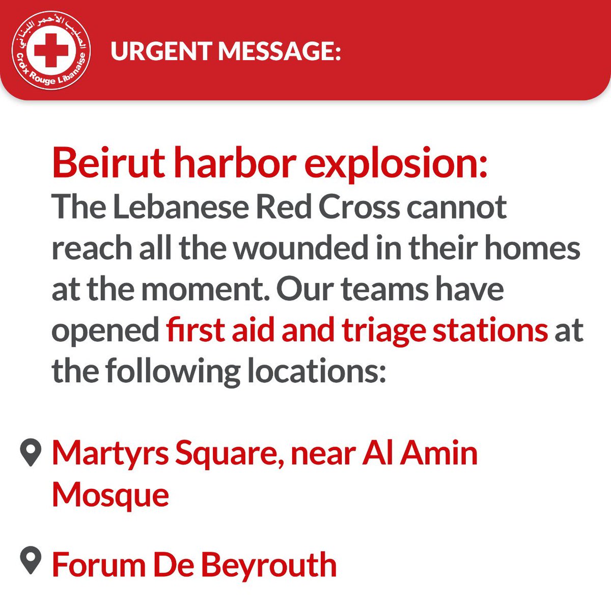 RedCrossLebanon's tweet image. Triage and first aid stations have been set up to help people with non-critical injuries.