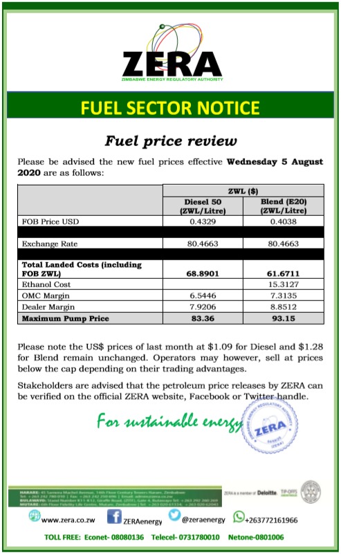 Fuel prices effective 05/08/20

The USD prices of last month at $1.09 for diesel and $1.28 for blend remain unchanged.

<a href="/official_MOEPD/">Ministry Of Energy And Power Development</a> <a href="/fortunechasi/">Fortune Chasi</a> <a href="/mazeti1/">Edington Tapera</a> <a href="/HeraldZimbabwe/">The Herald Zimbabwe</a> @MinOfInfoZW <a href="/ZBCNewsonline/">ZBC News Online</a> <a href="/ChronicleZim/">The Chronicle</a> <a href="/ZiFMStereo/">ZiFM Stereo</a> <a href="/StarfmZimbabwe/">Star FM</a> <a href="/NewsDayZimbabwe/">NewsDay Zimbabwe</a> <a href="/DailyNewsZim/">@DailyNewsZim</a>