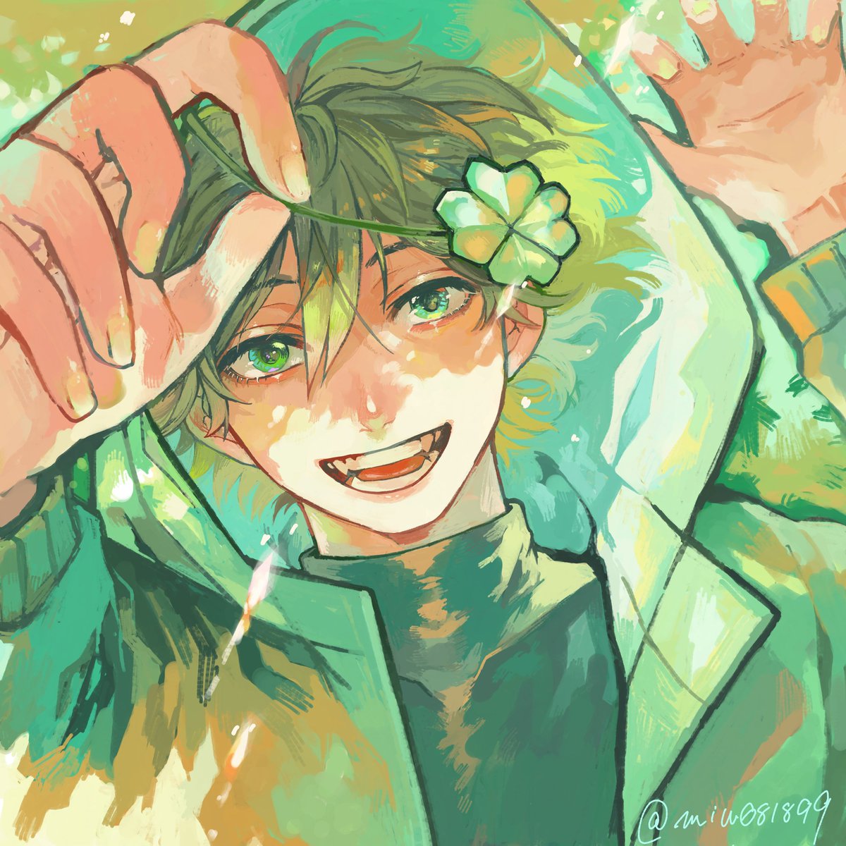 1boy male focus green eyes solo clover smile hood  illustration images