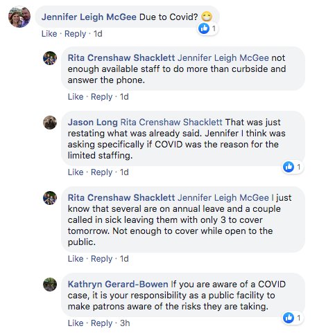 WeirdLibraryBks's tweet photo. @rclstn You said on your FB post comments that there were multiple members out sick. Are these #COVID related illnessess? https://t.co/aKq3lOJAyy
