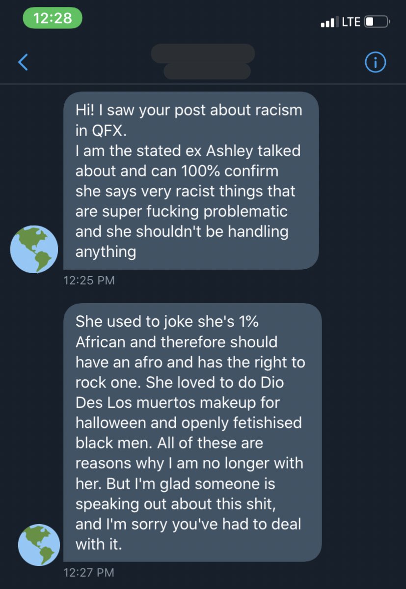 So I just received this DM... Blocked out the person’s name and picture for privacy purposes. But anyway, Ashley has a history of racism  (also, I asked if I can post this first)