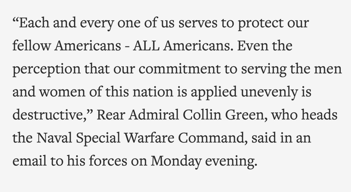 "Each and every one of us serves to protect our fellow Americans - ALL Americans. Even the perception that our commitment to serving the men and women of this nation is applied unevenly is destructive," Rear Admiral Collin Green, head of NSWC, wrote in an email to his forces.