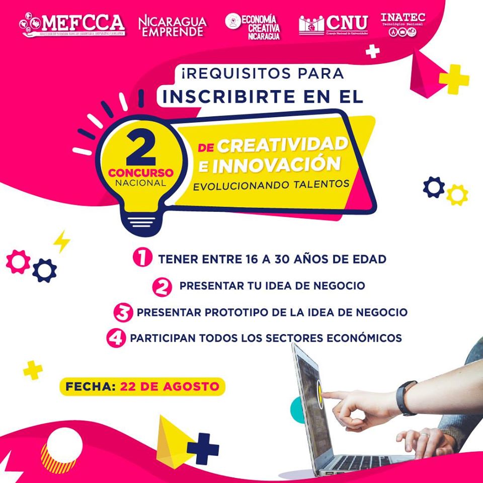 MinEmpren's tweet photo. Aún estás a tiempo de inscribirte en el II Concurso de Creatividad e Innovación "Evolucionando Talentos"

Tenés hasta el 22 de agosto ⤵️

https://t.co/udeh6toZLS…/

#ConcursodeCreatividad #Nicaragua #innovacion #Emprendedores https://t.co/5SDNatS2K5