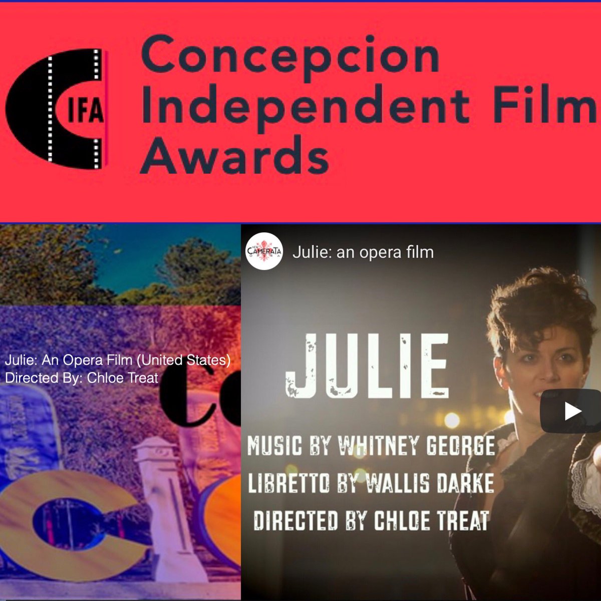 NewCamerata's tweet image. The Concepción Independent Film Awards have begun! Now, through 8/7, watch our opera film, “Julie” and 31 other official selections from 12 different countries! We are honored to be amongst this esteemed group.
.
#newcamerataopera #operafilm #shortfilm #camerataworks #indiefilm