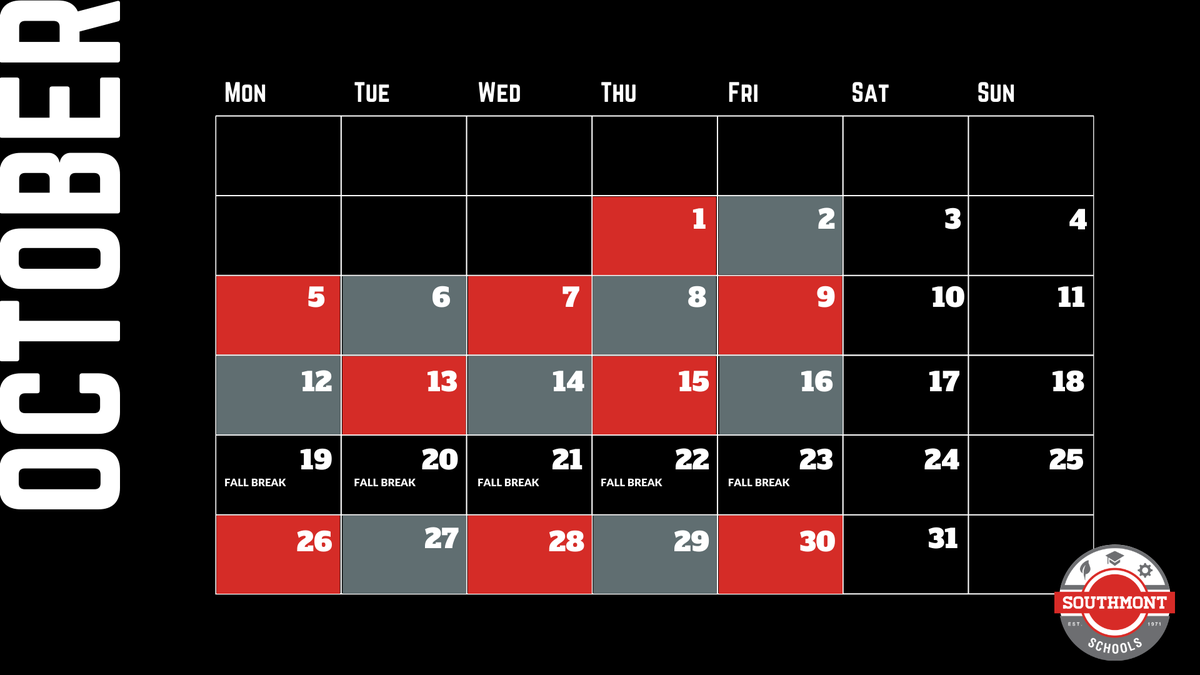 SMontgomeryCSC's tweet photo. Southmont Schools students in grades 6-12 have been placed into Red and Gray cohort groups for hybrid model instruction. Please follow the calendar below for in-person instruction during the first trimester. #ProudToBeAMountie https://t.co/TZ47EQ2qg6