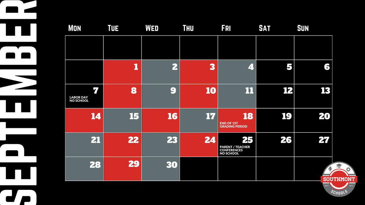 SMontgomeryCSC's tweet photo. Southmont Schools students in grades 6-12 have been placed into Red and Gray cohort groups for hybrid model instruction. Please follow the calendar below for in-person instruction during the first trimester. #ProudToBeAMountie https://t.co/TZ47EQ2qg6
