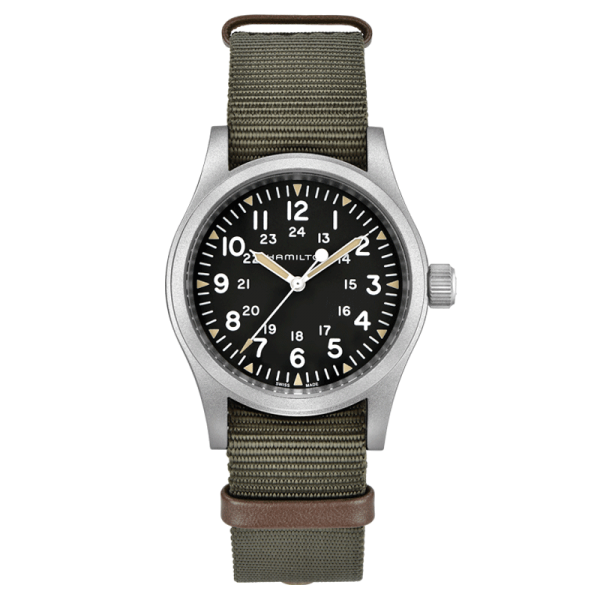 Grande sœur de la Seiko, la Khaki Field Mechanical de Hamilton à su reprendre les grandes lignes de la Big military en travaillant les détails et offrant une réserve de marche de 80 heures. Prix : 450€