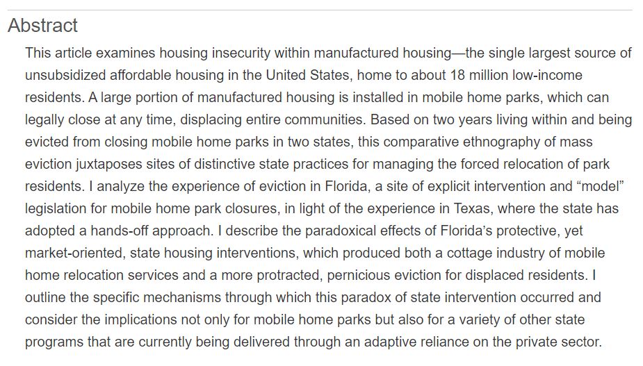 As questions loom about pending nationwide evictions in the U.S., looking back at Esther Sullivan's (<a href="/sullivan_esther/">Esther Sullivan</a>) 2017 article:

"Displaced in Place: Manufactured Housing, Mass Eviction, and the Paradox of State Intervention"

Link: journals.sagepub.com/doi/10.1177/00…