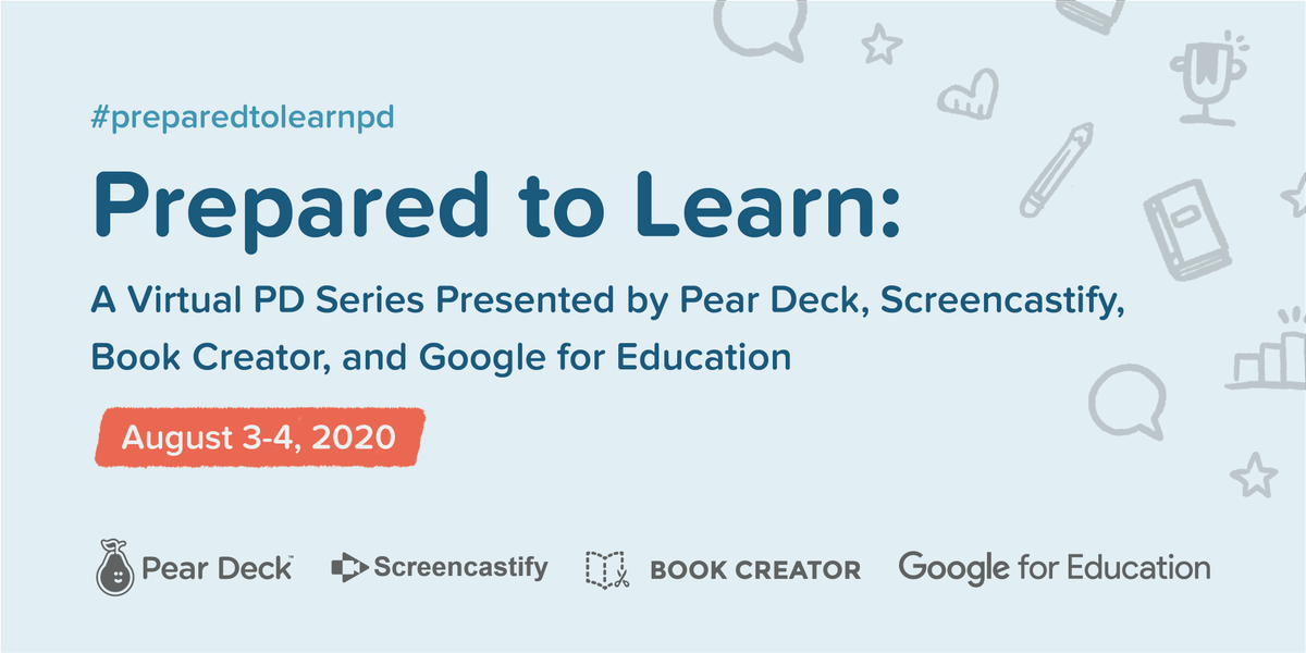 Screencastify's tweet photo. Yelp, it's time to close out the #PreparedtoLearnPD after two days of amazing learning and discussion 🤯

Join us and our friends at @PearDeck, @BookCreatorApp, and @GoogleForEdu for a few final reflections!

Join us: https://t.co/898Nukexwc https://t.co/dwkkJ7IhUQ