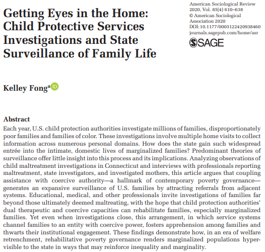 My new paper in  @asr_journal uses the case of Child Protective Services to show how coupling care and coercion expands state surveillance, channeling those seen as needing help to a system with coercive power. 1/Link:  https://journals.sagepub.com/doi/full/10.1177/0003122420938460