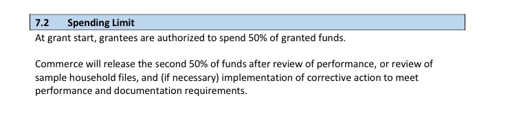 And, for accuracy, looks like Commerce will start with issuing 50% of the funds, then assess program per performance measures (screenshot from pgm guide). (11/x)