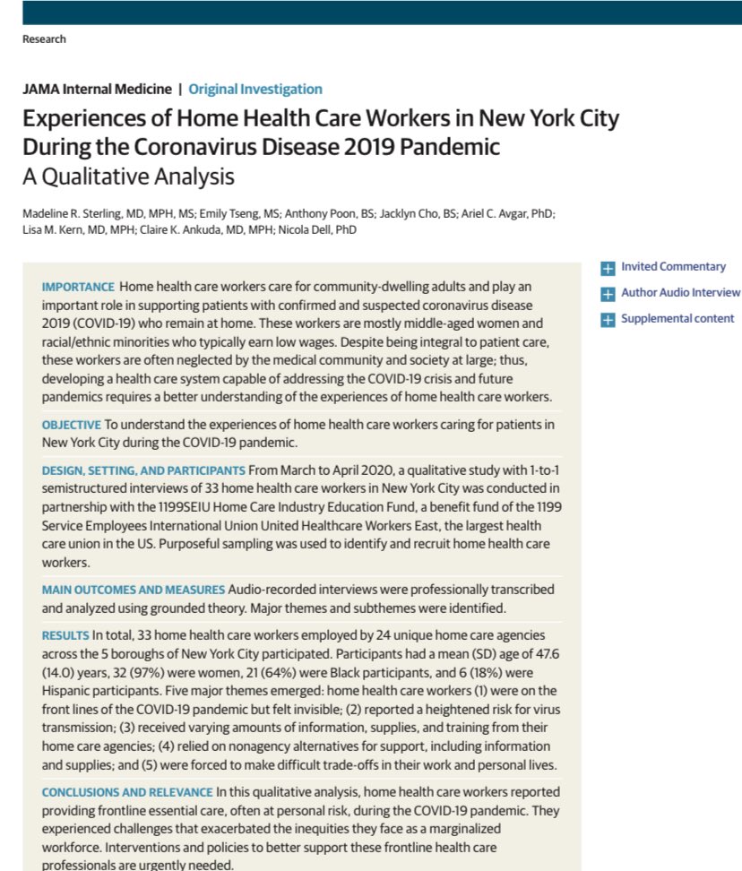 It’s a privilege & honor to share this study- “Home Health Care Worker Experiences in NYC During COVID-19” ja.ma/3fBdHQZ via @JAMAInternalMed part of @JAMANetwork - a vulnerable workforce provided frontline, essential care to those who remained at home. Pls read!