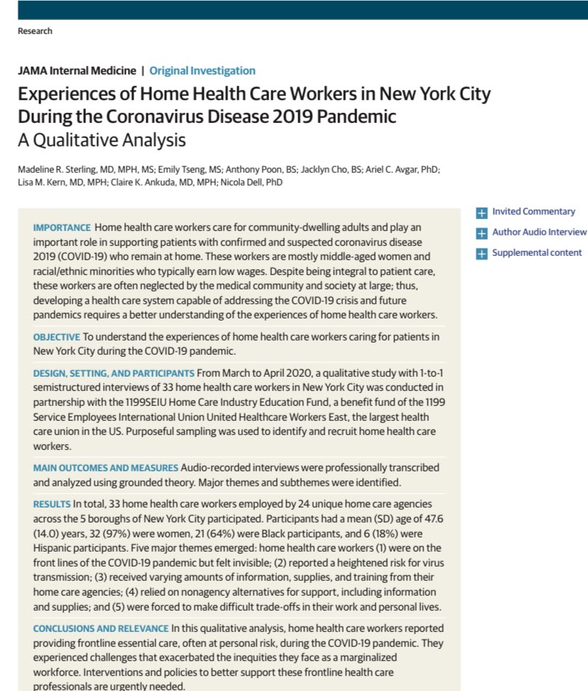 Madeline Sterling, MD, MPH, FAHA (@mad_sters) on Twitter photo It’s a privilege & honor to share this study- “Home Health Care Worker Experiences in NYC During COVID-19” ja.ma/3fBdHQZ via <a href="/JAMAInternalMed/">JAMA Internal Medicine</a> part of <a href="/JAMANetwork/">JAMA Network</a> - a vulnerable workforce provided frontline, essential care to those who remained at home. Pls read! It’s a privilege & honor to share this study- “Home Health Care Worker Experiences in NYC During COVID-19” ja.ma/3fBdHQZ via <a href="/JAMAInternalMed/">JAMA Internal Medicine</a> part of <a href="/JAMANetwork/">JAMA Network</a> - a vulnerable workforce provided frontline, essential care to those who remained at home. Pls read!