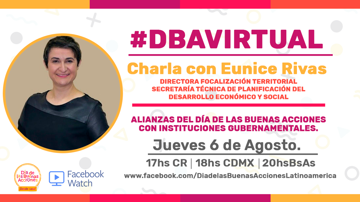VEP_Paraguay's tweet photo. 💻Ciclo de charla #DBAVirtual con @evroniky
 
☝️En la ocasión conoceremos sobre las Alianzas del #DíaDeLasBuenasAcciones con instituciones gubernamentales.

📅Jueves 6 de agosto 

⏰19:00 horas  

🙌¡Sumate! al #FacebookWatch -https://t.co/VgP66DEB9I https://t.co/ZD7frxGRnt