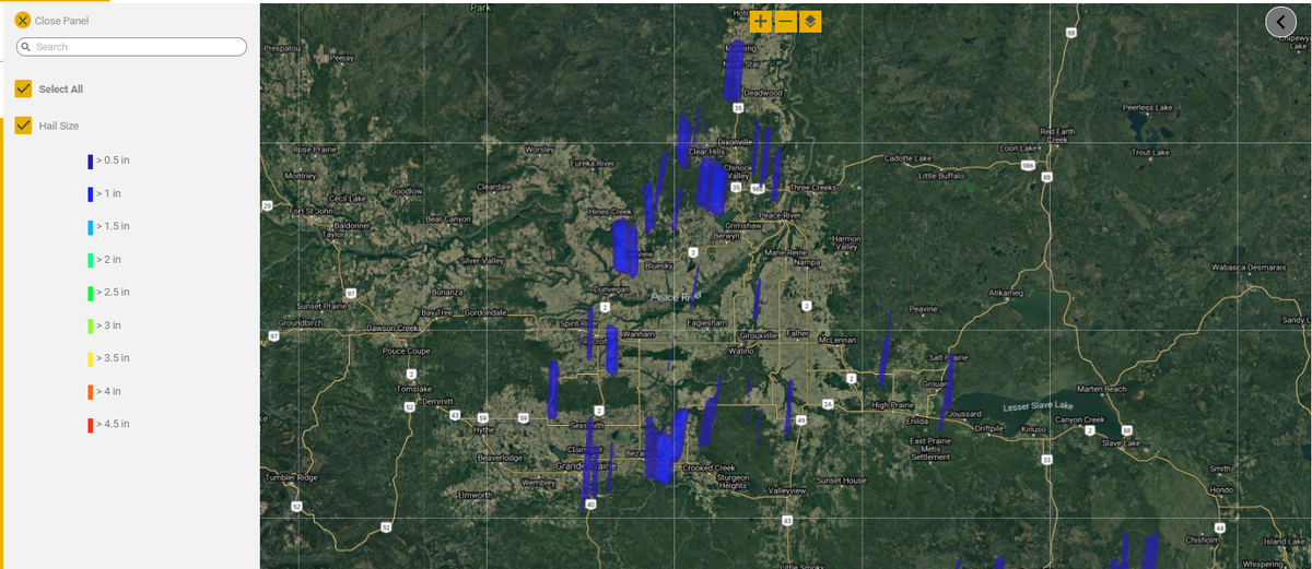 FE_EvanDeitz's tweet photo. @heckticacers @senatrstanford Does this help? @farmers_edge new hail alert map from the peace area for Aug 2nd and 3rd. Dark blue tends to be heavy rain/small hailstones, lighter blue = larger stones. System is still in development. https://t.co/QiUFcXkwij