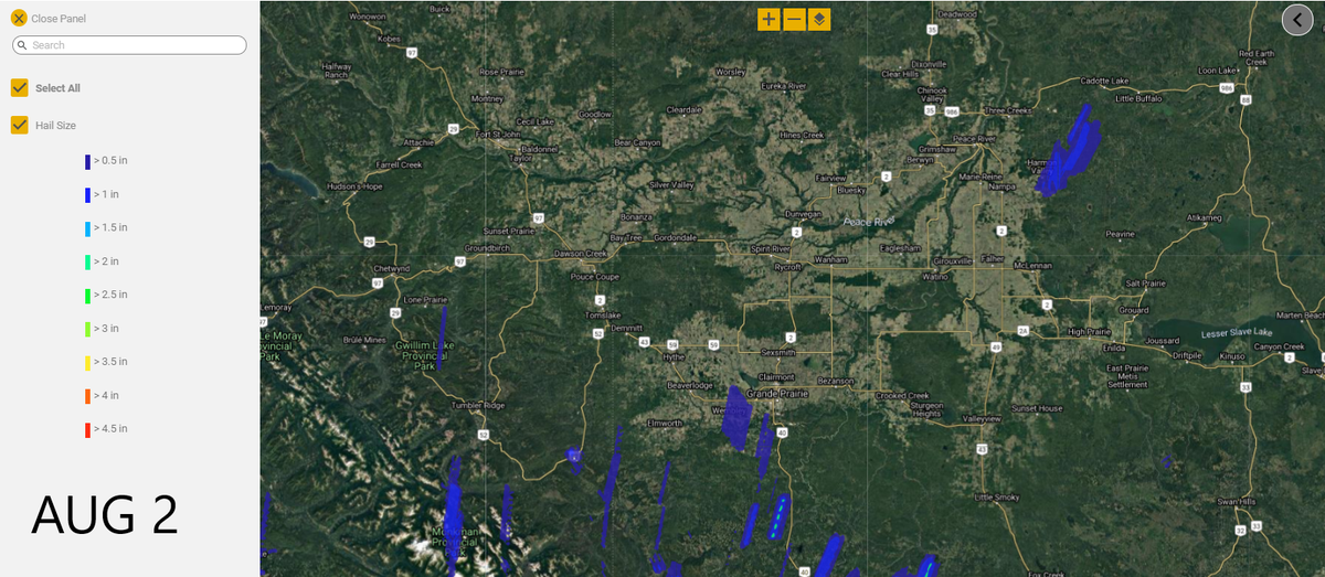 FE_EvanDeitz's tweet photo. @heckticacers @senatrstanford Does this help? @farmers_edge new hail alert map from the peace area for Aug 2nd and 3rd. Dark blue tends to be heavy rain/small hailstones, lighter blue = larger stones. System is still in development. https://t.co/QiUFcXkwij