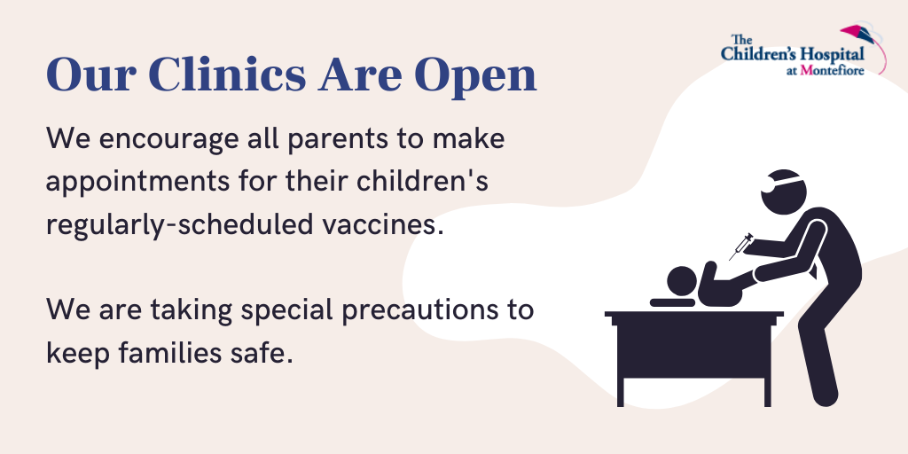 MontefiorePeds's tweet photo. Here at CHAM, we'd like our patients and their families to know that our clinics are open and available to you. We are currently scheduling in-person specialty and vaccine visits, as well as Montefiore FIRST telehealth appointments. 

#CallYourPediatrician https://t.co/RERBfTMIQo https://t.co/3QQp7FjzhI