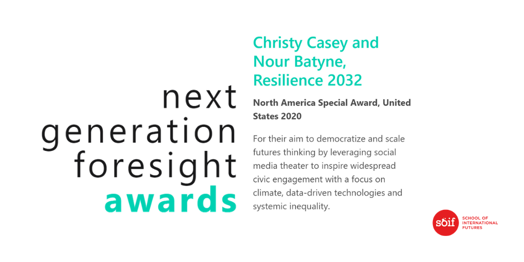 We're excited to announce that @itschristycasey & @thedisruptivist have been chosen for the #NGFP Awards 2020 for #Resilience2032! 
Thank you @SOIFutures & @nxtgenforesight for this honor!

 #NGFP2020 #nextgenforesight #SOIFutures #foresightwithimpact #futures #futurist