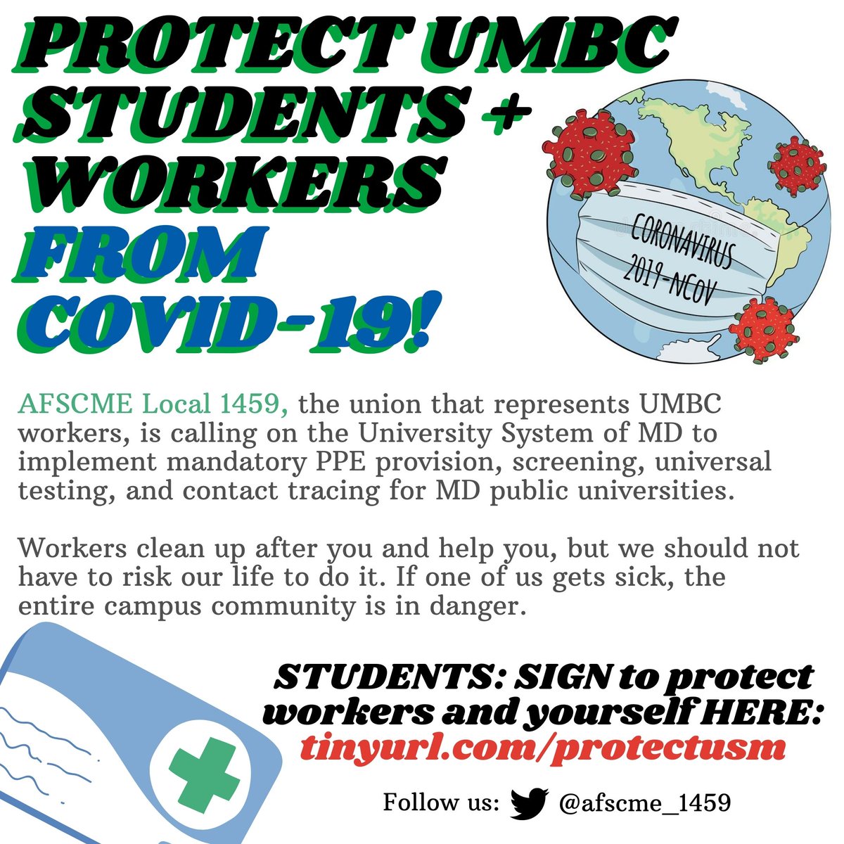 Workers need to be kept safe for the sake of the whole UMBC community. Our union is demanding some basic COVID safety precautions as we return to campus this fall. Support staff on your campus by signing here: tinyurl.com/protectusm and retweeting this!!