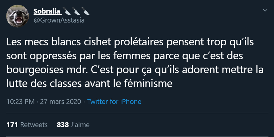 Et les intersectionnels vont dire ça aussi, sauf qu'eux justement ils sont les premiers à mettre en avant des communautés idéalistes qui font oublier les clivage de classes, voire opposent les prolétaires les uns contre les autres.