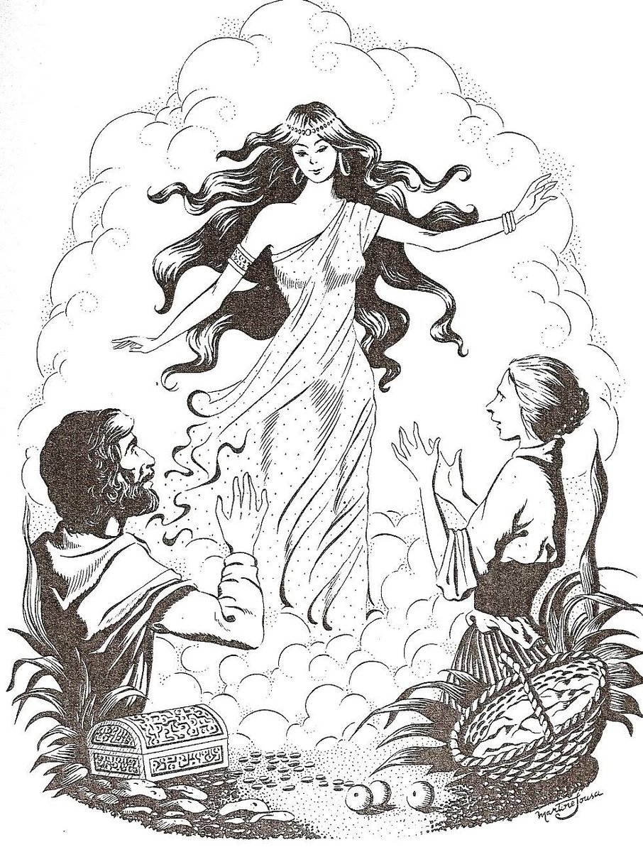 5/ decided to grab one of his cows and never let go of her. Eventually the cow led him to the Moura. The woman covered his eyes, so that he may not see the paths inside the cave. The Moura then filled his hat with coal, telling him to "place the coal at the correct place at the