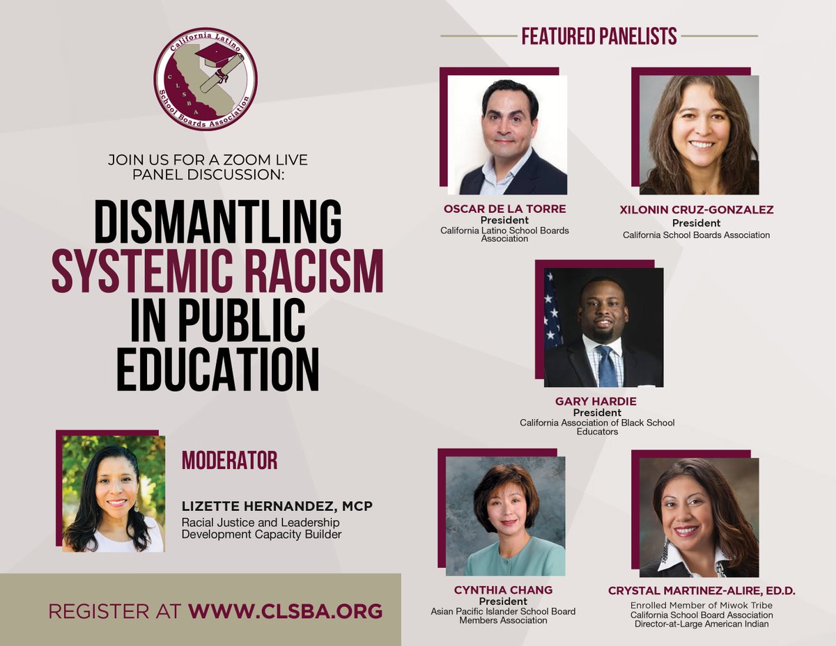 Join California State School Board Association BIPOC leaders on August 19 for a zoom live panel discussion examining how systemic racism impacts public education. Pre-Registration is Required! Register at racialequitynow.eventbrite.com