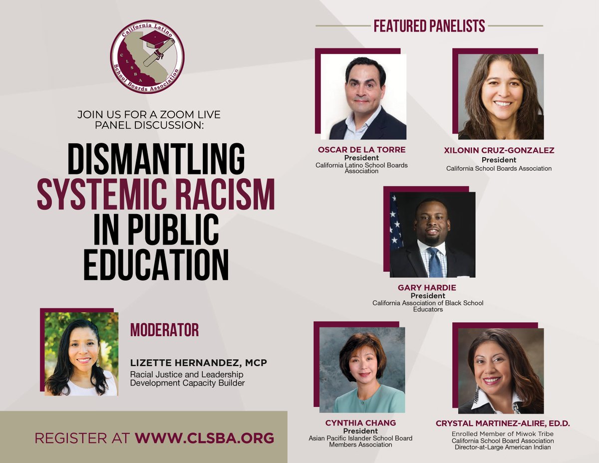 Join California State School Board Association BIPOC leaders on August 19 for a zoom live panel discussion examining how systemic racism impacts public education.  Pre-Registration is Required! 

Register at racialequitynow.eventbrite.com