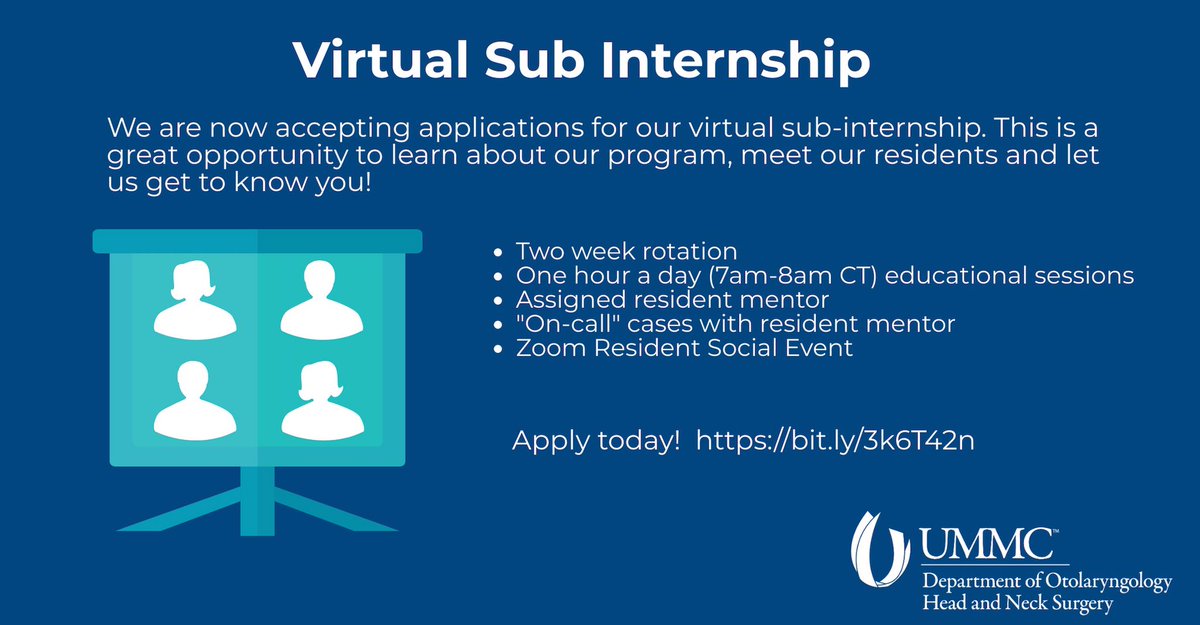 ummcentres's tweet image. Only 48 hours left to sign up for our first Virtual Sub Internship!  This is a great opportunity to learn some ENT knowledge and get to know our program!  bit.ly/3k6T42n #residENTs #otolaryngology #futureent #otomatch2021