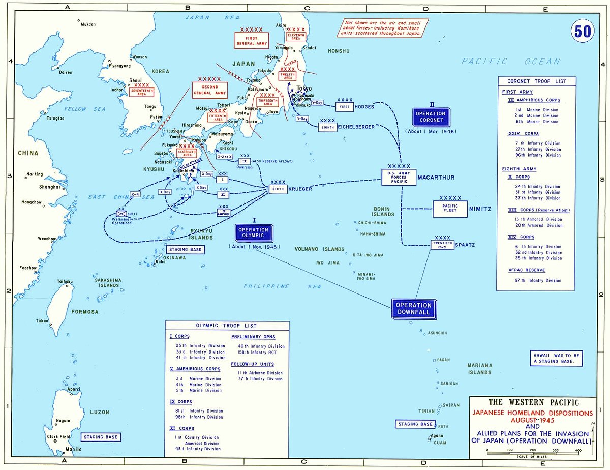 For righteous in my mentions re the Atomic Bomb: here is the Op Downfall planning map .... MacArthur's casualty numbers were by mid-1945 still low - but his future casualty estimates had been reliably accurate thru WW2 & his estimated KIA/WIA for invading Japan were astronomical.