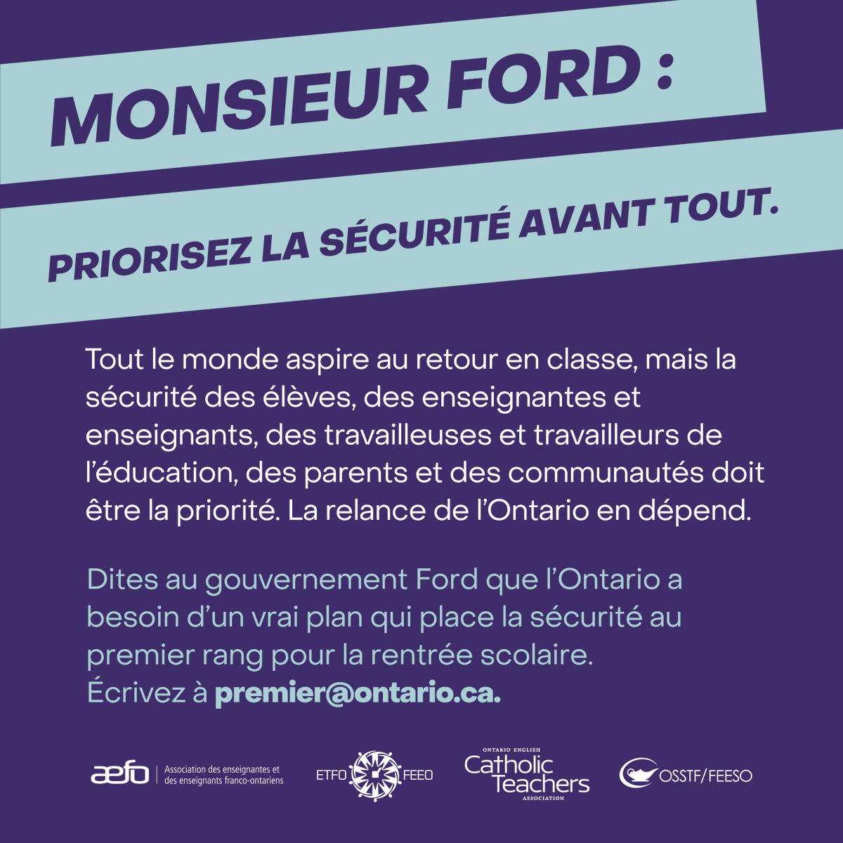 aefo_unite66's tweet photo. Les 4 syndicats de l’enseignement @OECTAProv @AEFO_ON_CA @ETFOeducators @osstf s’unissent afin de demander un VRAI plan pour une rentrée sécuritaire à @Sflecce @fordnation Écrivez à premier@ontario.ca #EnsemblePourUnRetourSécuritaire #Onpoli #ENSEMBLEPOURAGIR https://t.co/uWXmrvdnN3