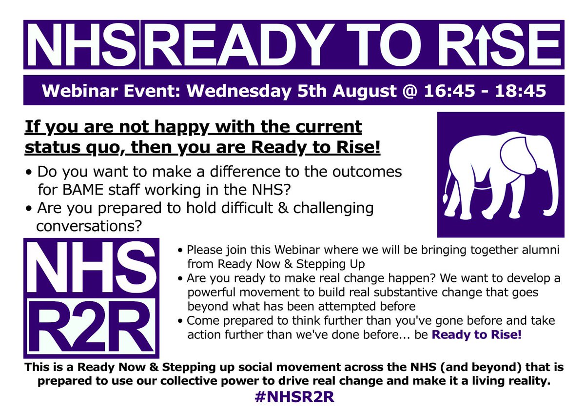 MubashshirF's tweet photo. Tomorrow launches the 1st zoom webinar created by Ready Now alumini inc @eden_charles to help launch a social movement for change towards greater race equity in the #NHS Follow the link in the email sent to all RN &amp; Stepping Up Alumni of the @NHSLeadership #NHSReadyToRise @NHSR2R https://t.co/hEG7uSMESm