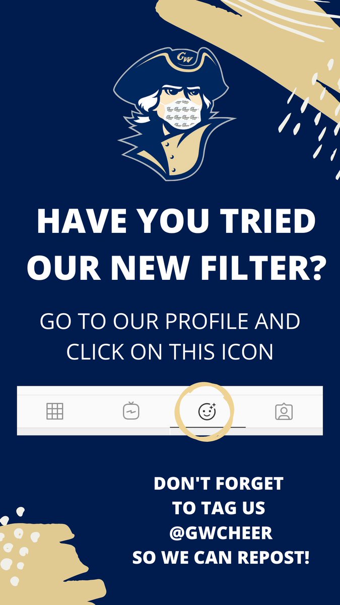 GWCheer's tweet image. Head over to our instagram and try out our new #wearingiscaring filter!! Make sure to tag us @GWCheer when you post!💛💙