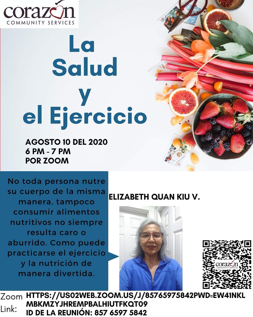 CorazonCSHealth's tweet photo. Únase a nosotros para nuestro segundo taller de agosto. Hablemos de salud y ejercicio. Lunes 10 de agosto. Corrijamos algunos mitos sobre las dietas y la alimentación saludable. Se otorgarán certificados a los participantes. https://t.co/0FJTLUyGCV