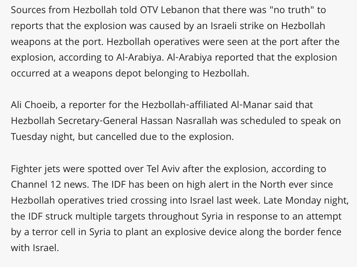 Jerusalem Post reports that Hezbollah denies it was an Israeli attack on a munitions depot, and also that the idea of fireworks was “ridiculous”, which it is