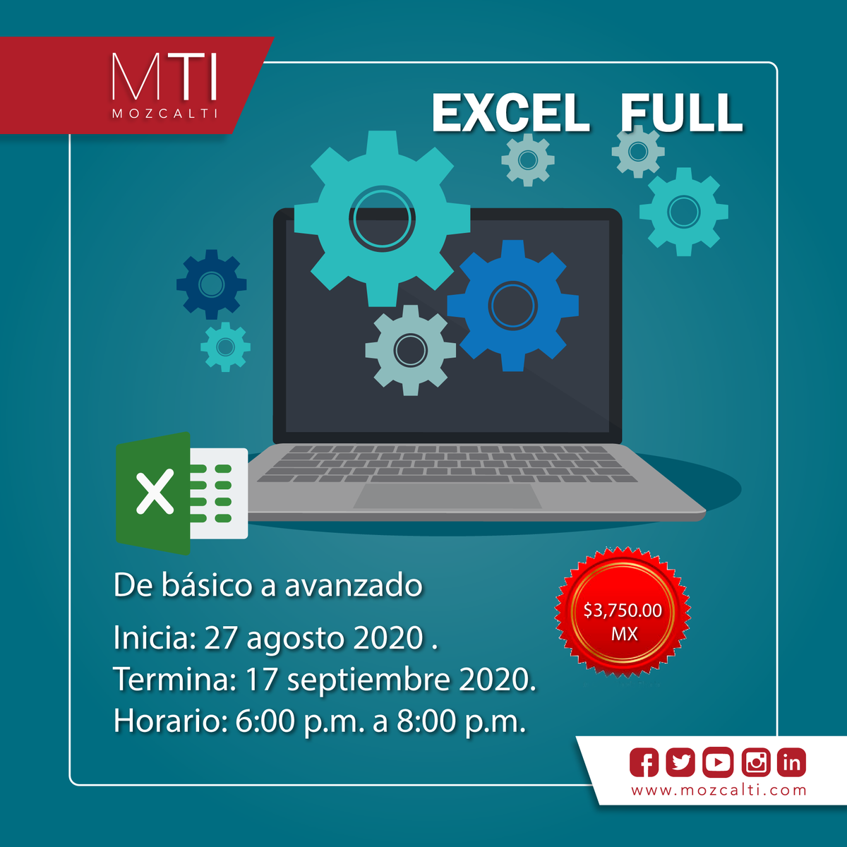 mozcalti's tweet photo. #Excel 
#CURSO: EXCEL FULL (Nivel Básico, Nivel Intermedio y Nivel Avanzado)
#INICIO: 17 de agosto de 2020
#HORARIOS: Lunes a Viernes (6:00 p.m. a 8:00 p.m.)
#DURACIÓN: 40 hrs.
#MODALIDAD: On-Line
Registrate Aquí 👇
https://t.co/jrYMcHSN4p https://t.co/X8OpfDR5Hm