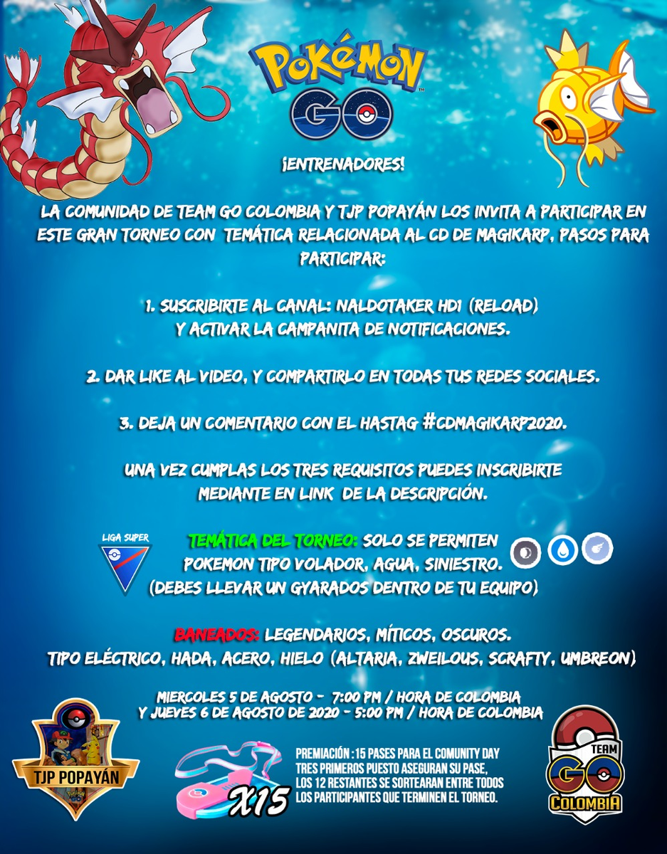 teamgocolombia's tweet photo. Los invitamos a el MEGA torneo de Gyarados donde podrán ganar 1 de los 15 tickets para la investigación del #PokemonGOCommunityDay de Magikarp!

✅Sigue todos los pasos y gana!

📽️Video de @Naldotaker: https://t.co/Tb41VweEIH

📝Grupo de WhatsApp: https://t.co/g2qLFx2otN https://t.co/EOCIphksAE