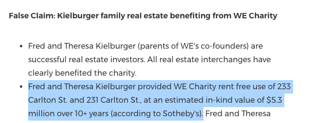 1.  #WECharity has explained how retired teachers Fred & Theresa Keilburger amassed private real estate holdings recently valued at $25m.They say the family earned it by flipping houses, and gave WE a building to use as for years, "rent-free"They said "rent-free" repeatedly