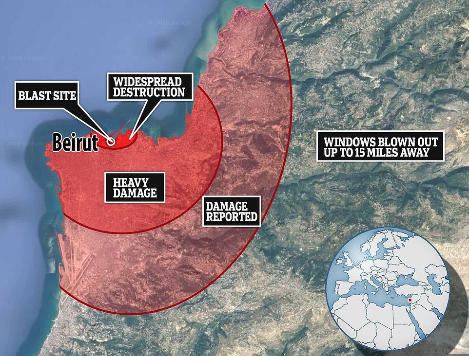 A graphic showing the geographic reach of the Beirut explosion earlier today. Via  @MailOnline