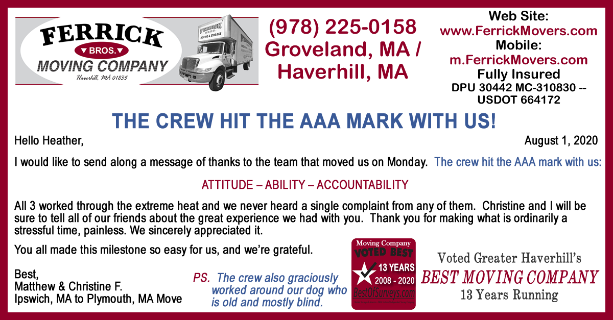ferrickmovers's tweet photo. TESTIMONIAL: #Ipswich, MA to #Plymouth, MA Move
===================
All testimonials click:
https://t.co/9HA54JL04K
https://t.co/cTE8CUgPhM
===================
Greater Haverhill's #Best #Moving #Company 13 Years in a Row! (2008-2020) - #Haverhill #Groveland #MA #NH #Movers https://t.co/yX6heJNdtn