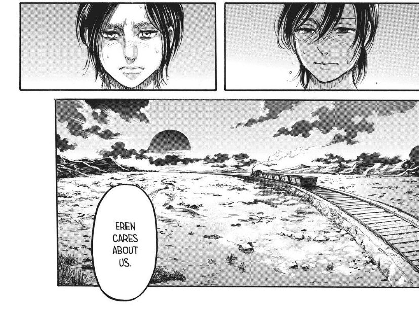 Looking at the bigger picture, Eren did it for THEM. He did it for his friends even if it meant pushing them away, hurting them & enabling the rumbling. Out of everything, it is the most self-less thing hes ever done considering the hot head eren he was in the beginning. 2/6