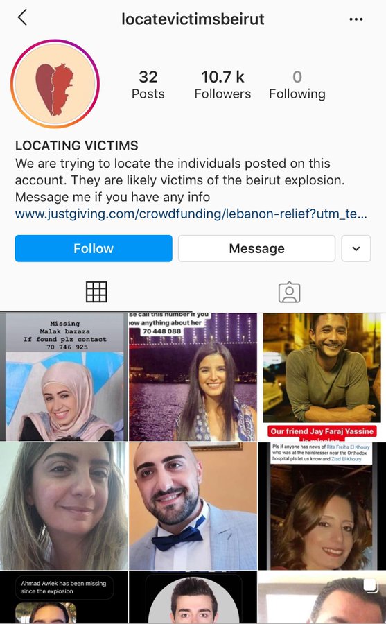 INSTAGRAM account up to locate those missing following  #Beirut explosions.  #Lebanon  #OSINT