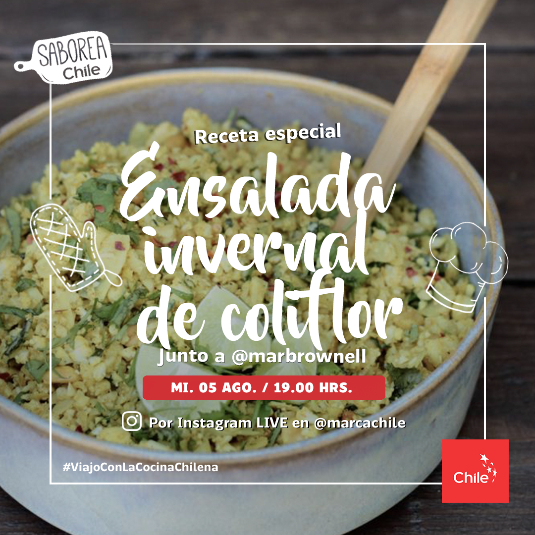 MarcaChile's tweet photo. ¿Pensando en un miércoles veggie 😋? Te esperamos junto a @marbrownell 👩‍🍳 , quien nos enseñará a preparar una rica ensalada invernal de coliflor. No te pierdas este nuevo Saborea Chile, tu IG live clásico de media semana. 
#ViajoConLaCocinaChilena https://t.co/R72NRWud8R