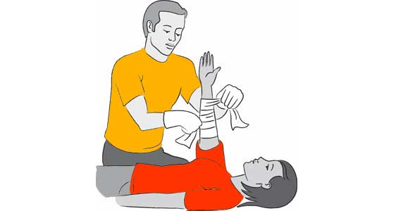 First of all, apply pressure. Press on the wound using a first aid dressing, or a clean towel, clothing. Elevate the wound above the level of the body if possible.