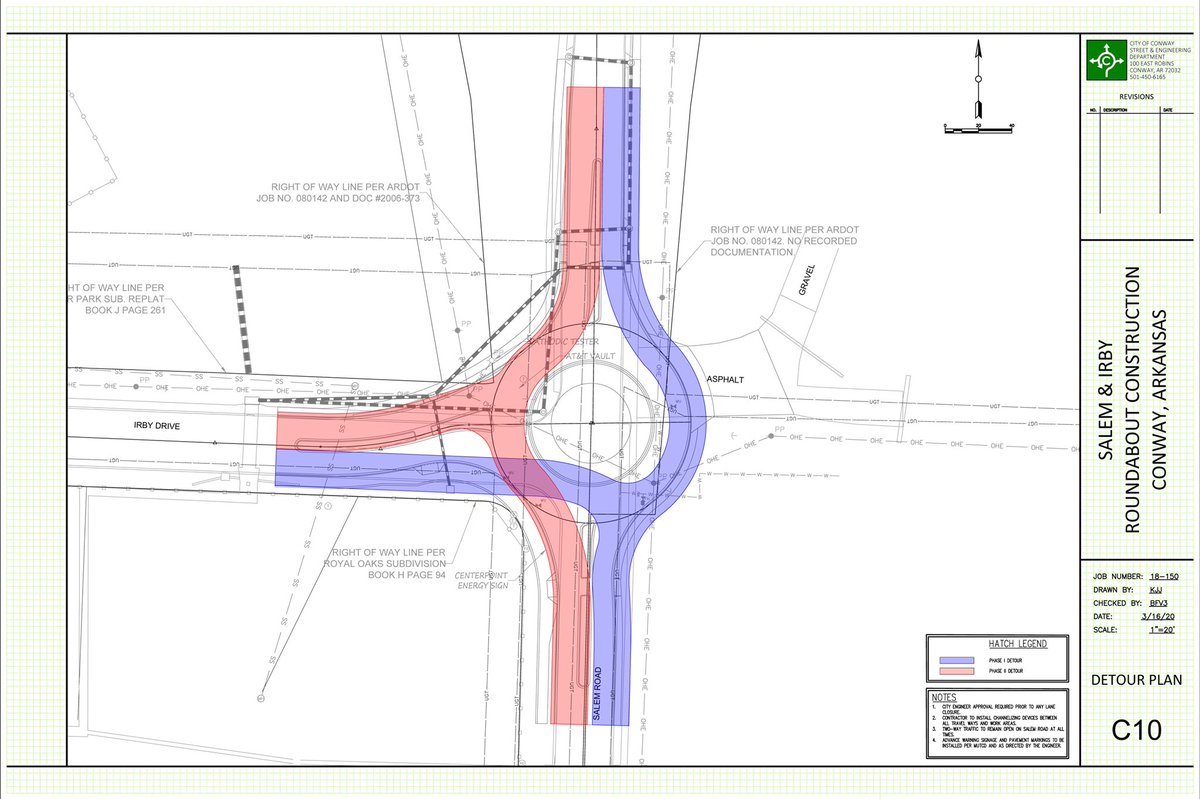 CityofConway's tweet image. WEDNESDAY:  Rogers Group will begin paving the phase 1 detour (blue) for our new roundabout at the intersection of Salem Rd &amp;amp; Irby Dr. 

Turn lanes will be inaccessible for the next several weeks. Expect delays or seek an alternate route. #conwaytraffic