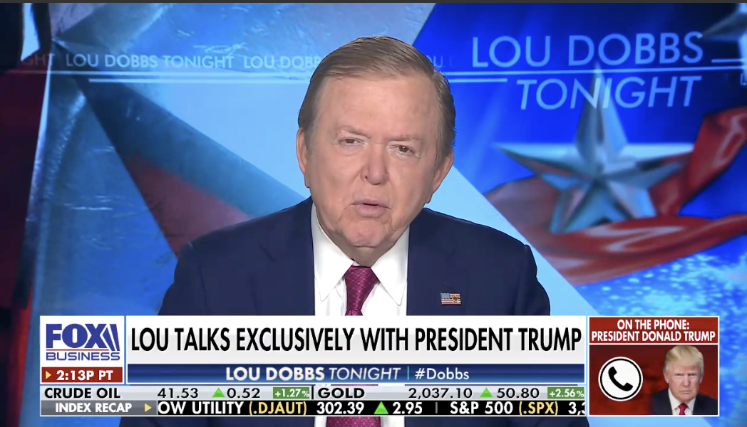 brianstelter's tweet image. Lou Dobbs' softball, no, tee ball interview with Trump (live on Fox Business right now) is even more cringeworthy than usual since the political and media worlds are still buzzing about @jonathanvswan's tour de force interview