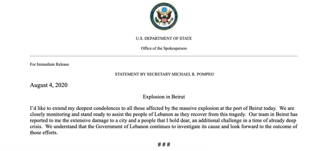 Pompeo's statement on Beirut explosions, Lebanon. h/t  @IntelDoge